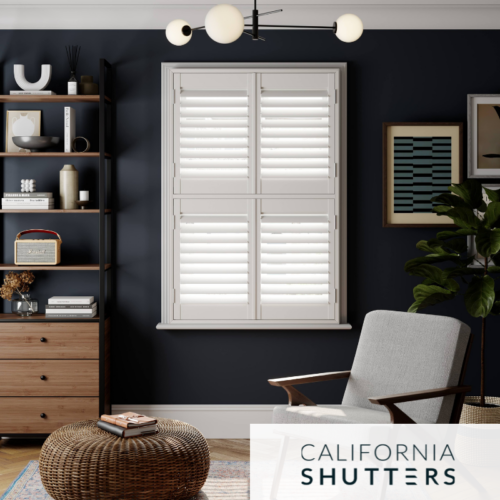 Living room window with white shutters and dark blue walls