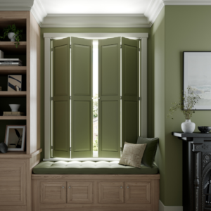 Green solid shutters above a window seat with bookshelves to the left of the window