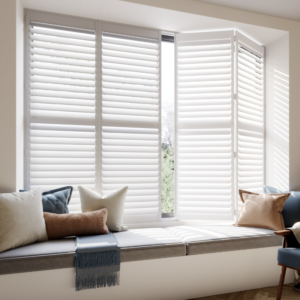 white shutters covering a window with a window seat dressed with cushions